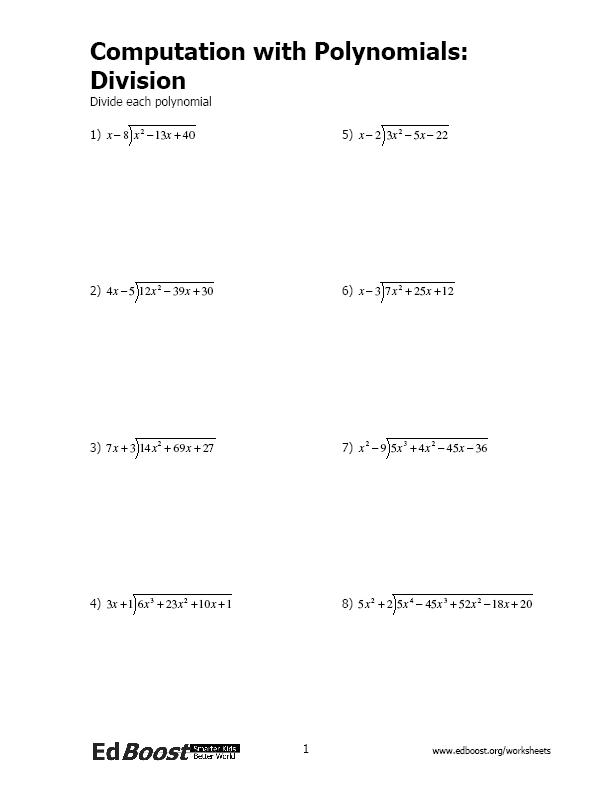 Synthetic Division Of Polynomials Worksheet With Answers 204486