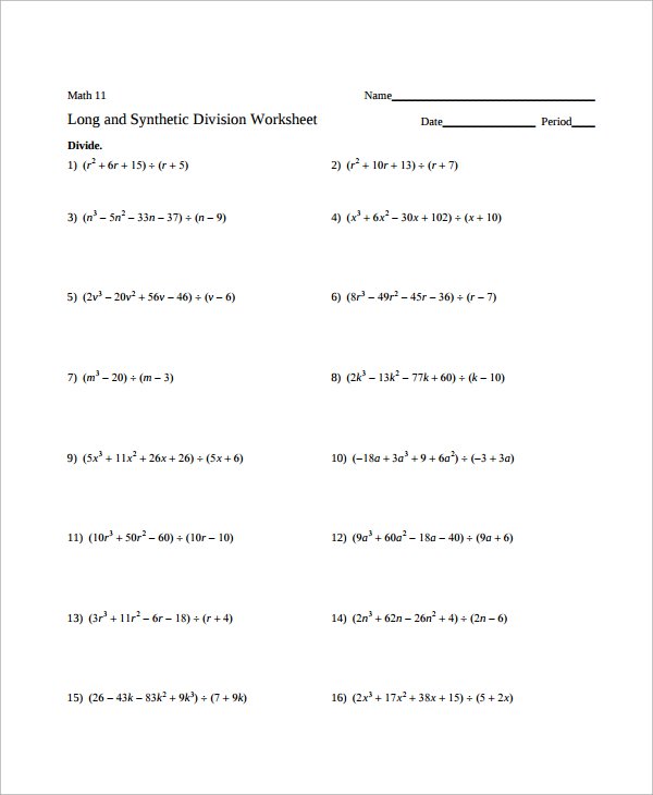 Synthetic Division Worksheet Dividing Polynomials Synthetic