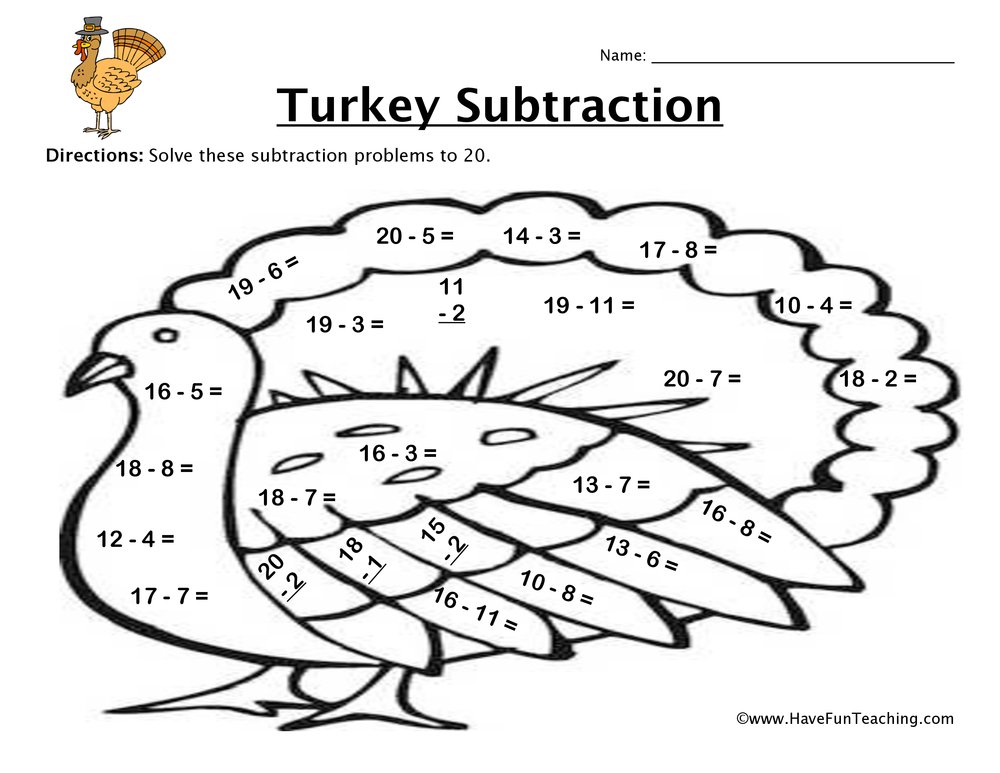 Thanksgiving Math Worksheets Thanksgiving Turkey Subtraction