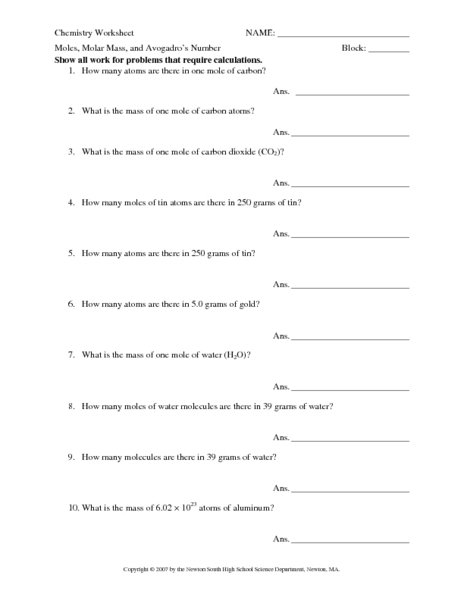 The Mole Worksheet Chemistry