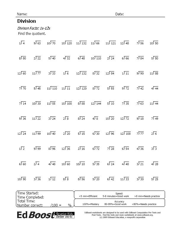 Timed Division Worksheets 100 Problems 478293