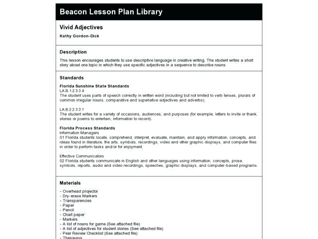 Vivid Adjectives Lesson Plans Worksheets Reviewed By Teachers