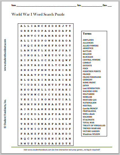 World War I Word Search Puzzle
