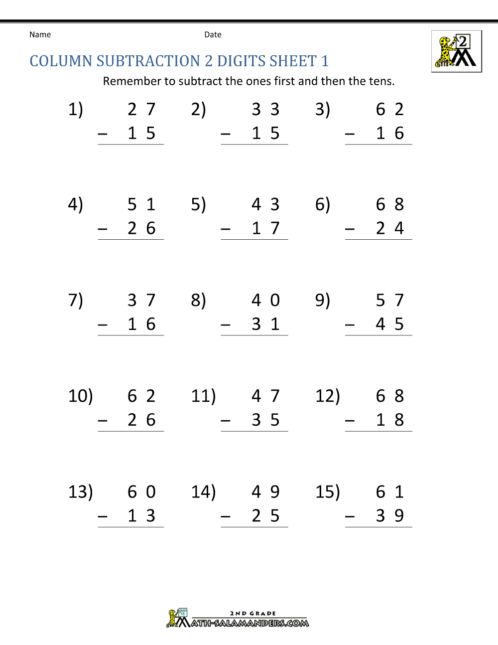2 Digit Subtraction Worksheets Column Worksheet Tes 2nd Grade Dig
