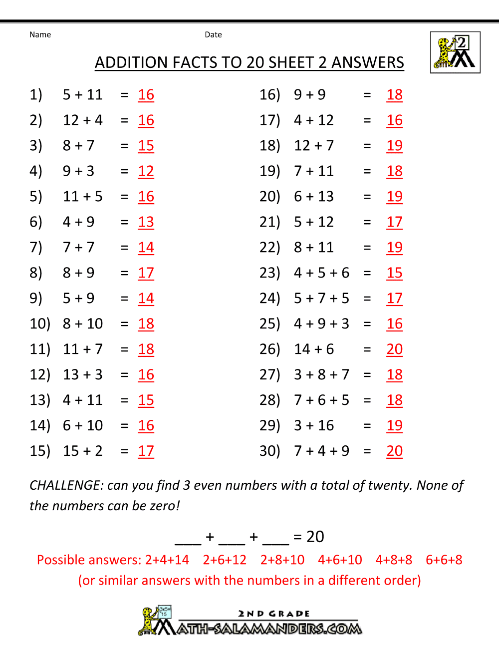 2nd Grade Math Worksheets With Answer Key 1129645