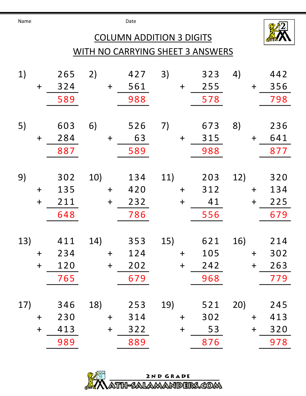 2nd Grade Math Worksheets With Answer Key 1129665