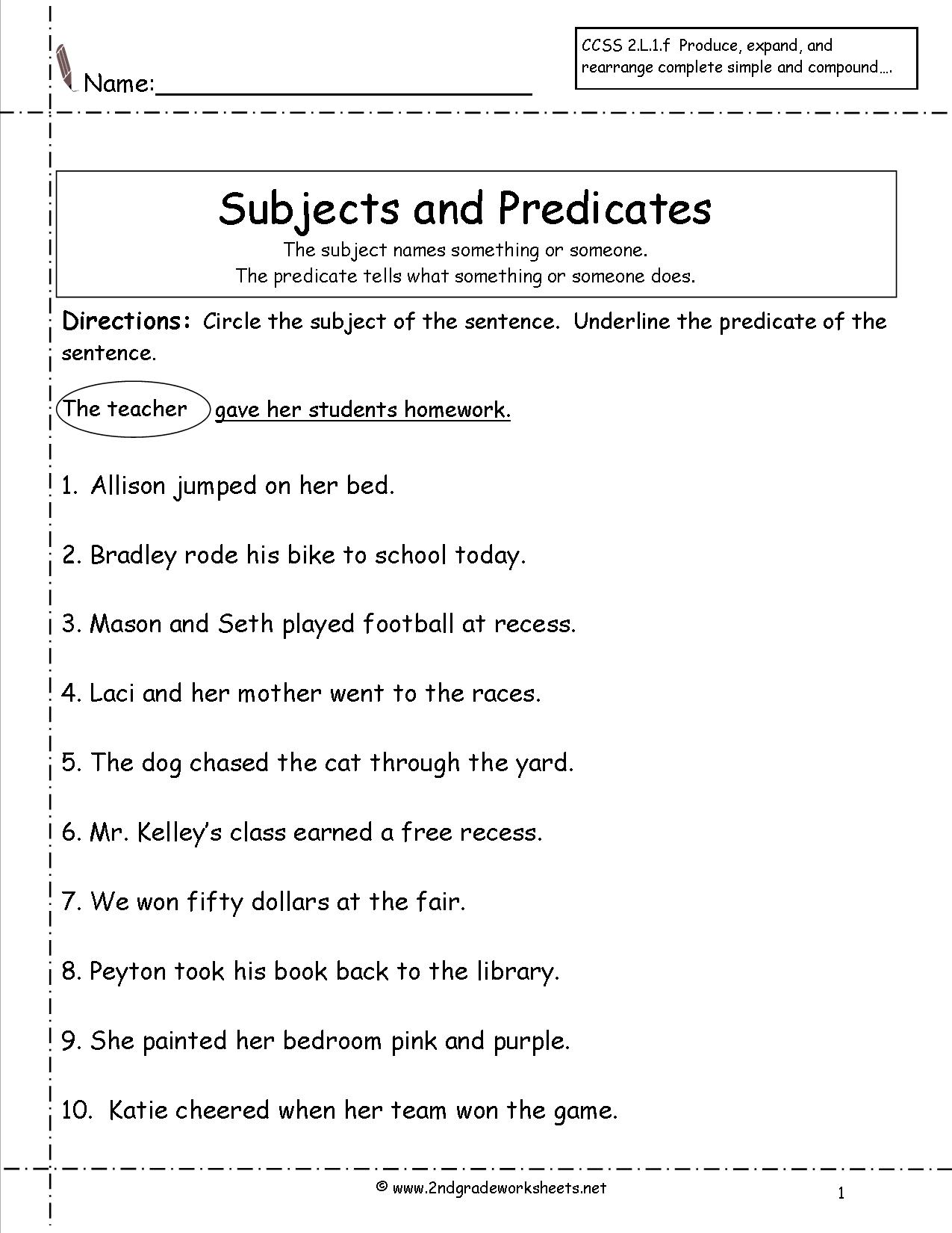 3rd Grade Subject And Predicate Worksheets 640