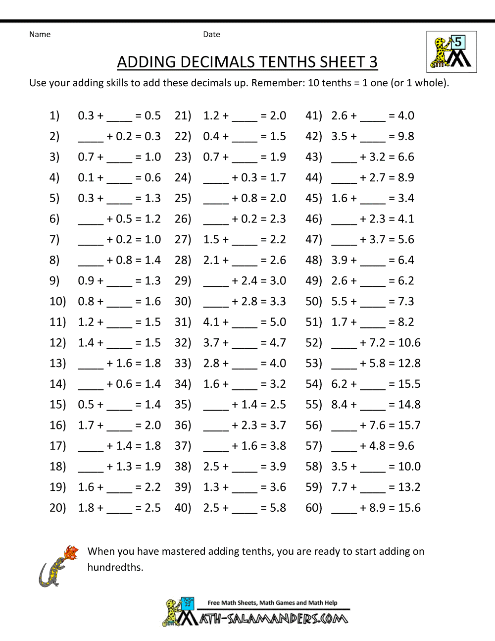 5th Grade Math Worksheets Adding Decimals 629626