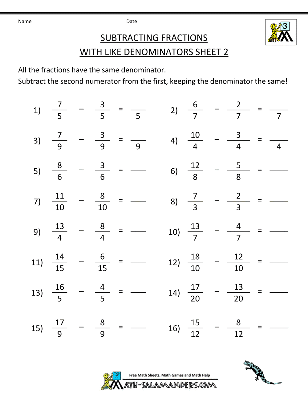 Add And Subtract Fractions Worksheet With Answers