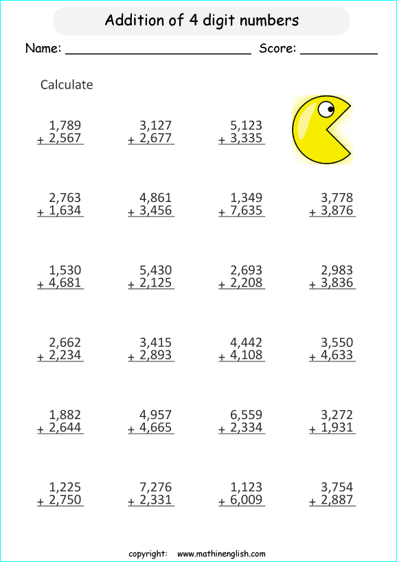 Adding Numbers Up To 10,000 Math Addition Worksheet For Grades 3