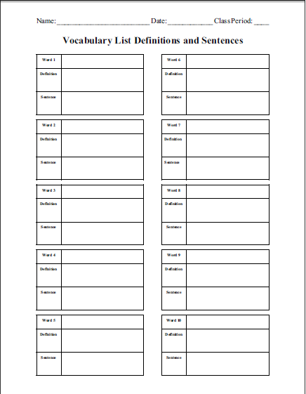 Blank Vocabulary Terms Definitions And Sentences Worksheet