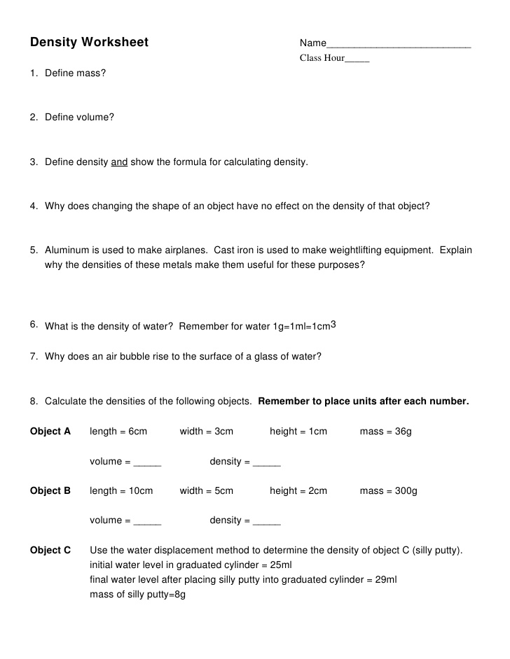 Calculate Density Worksheet Middle School 1128658