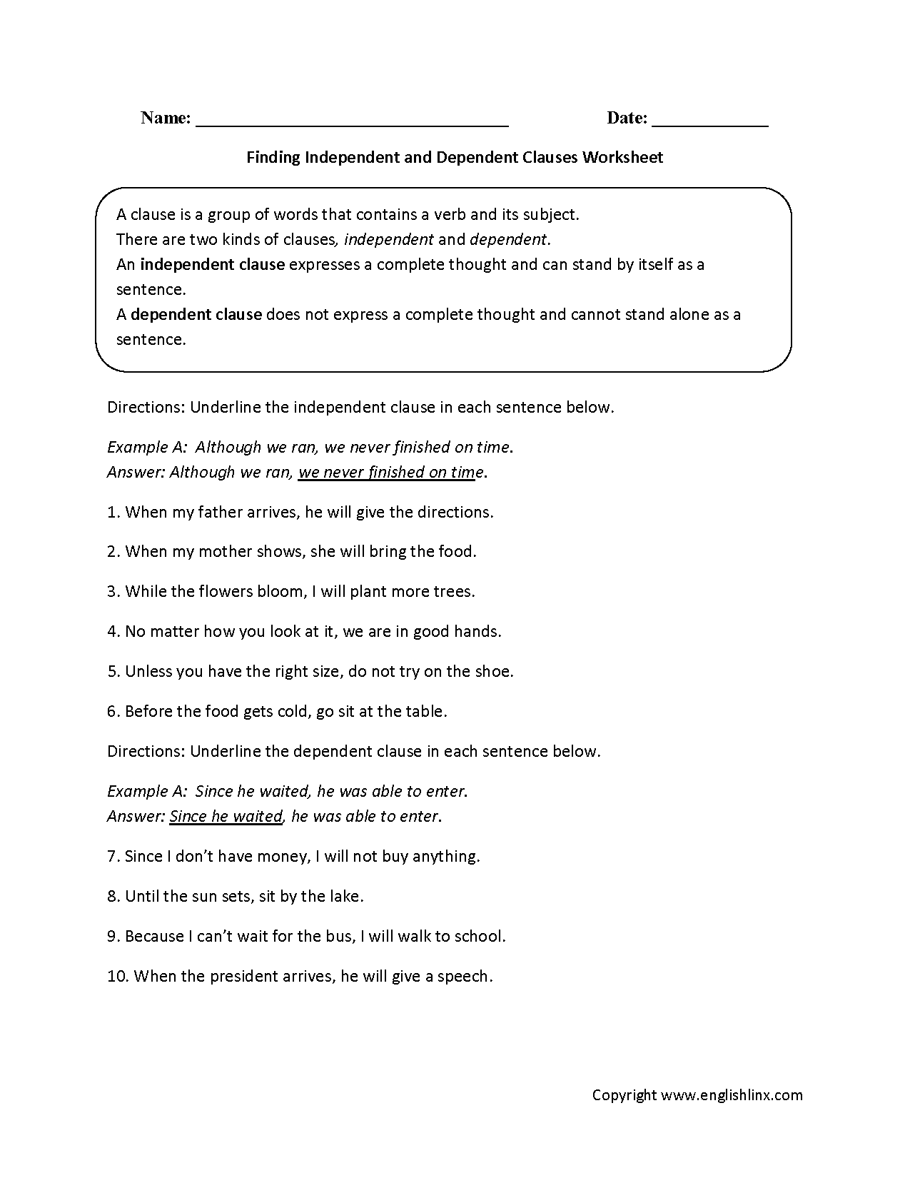 Clauses Worksheets Finding Independent And Dependent, Independent