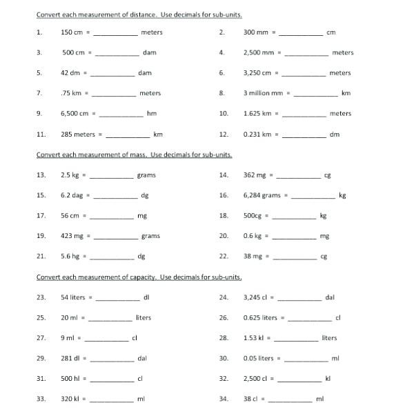 Collection Of Conversion Factors Worksheet