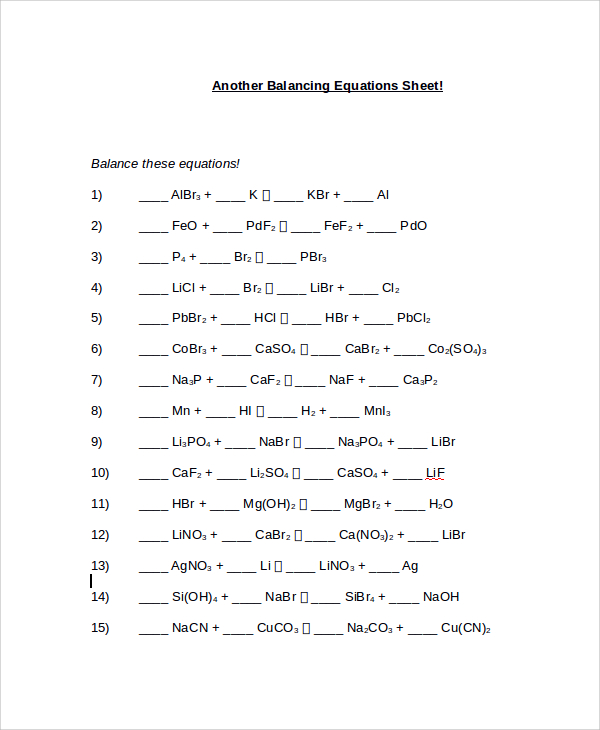 Collection Of Easy Balancing Chemical Equations Worksheet