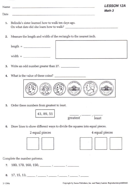Saxon Math Grade 3 Worksheets