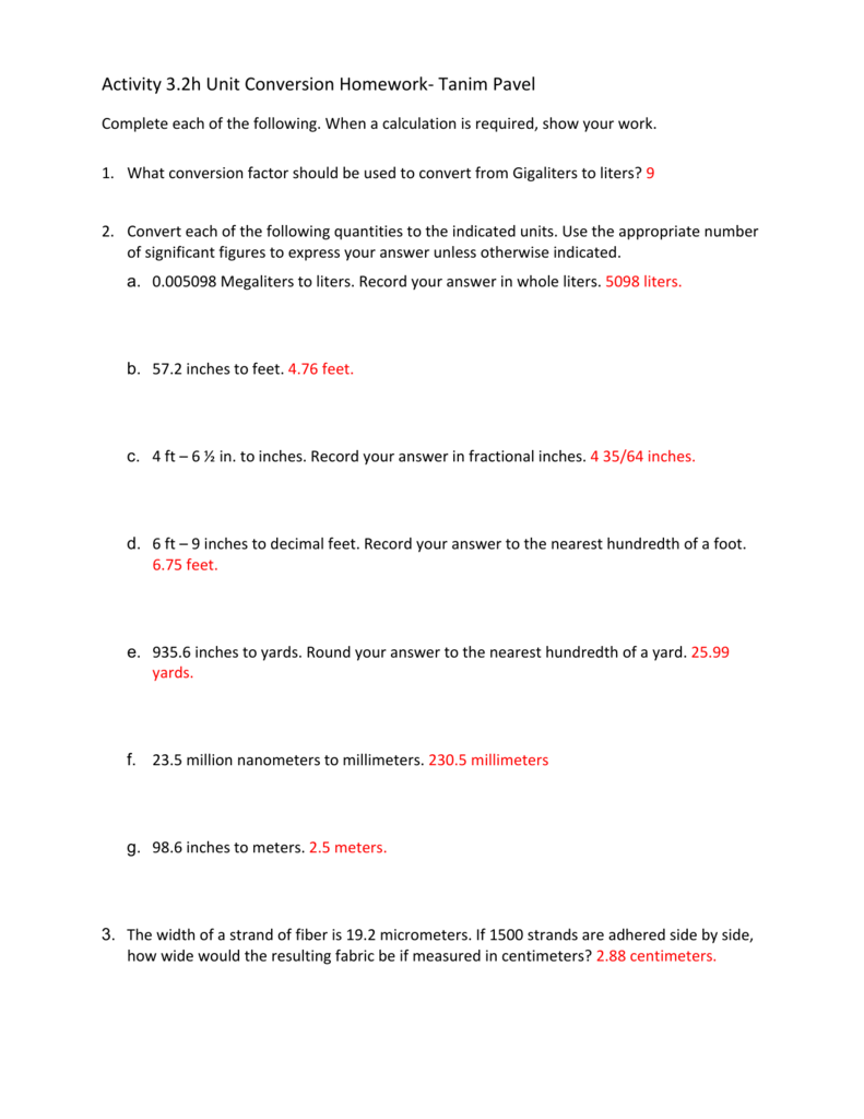 Conversion Factors Worksheet 116406