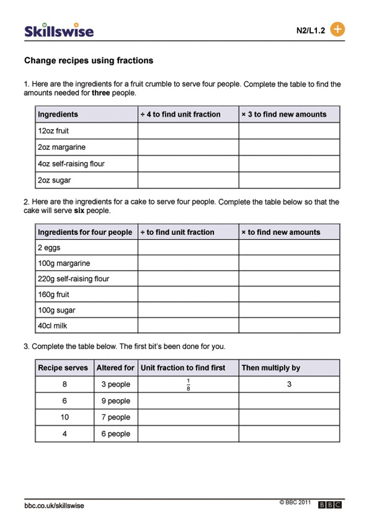 Cooking Measurements Worksheet