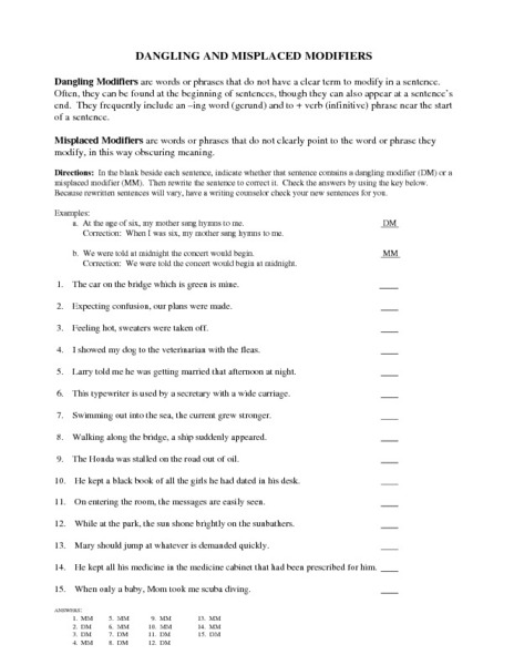 Dangling And Misplaced Modifiers Worksheet Answers The Best