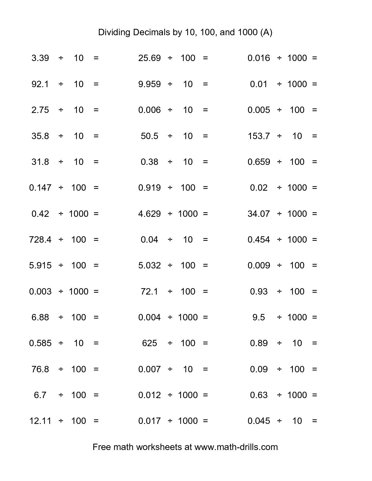 Division By 10 100 And 1000 Worksheets  1191094