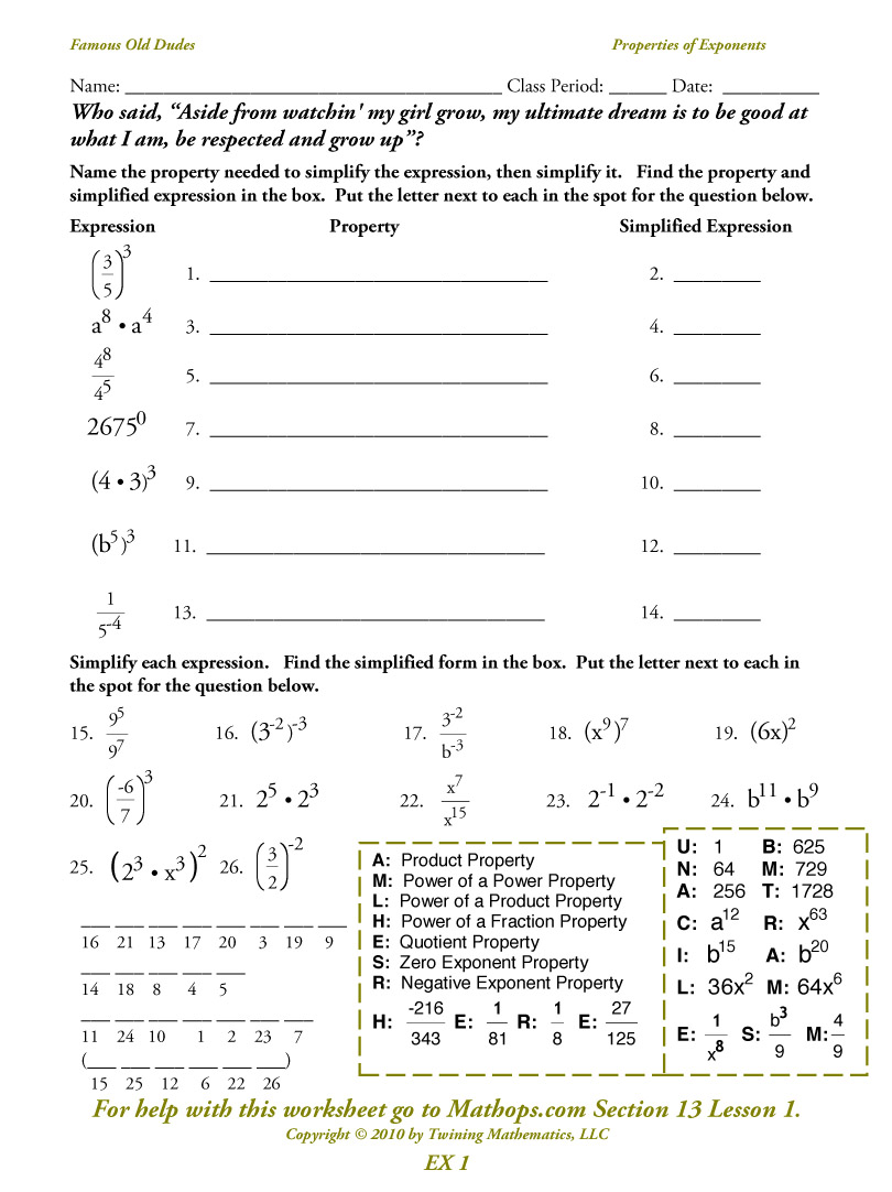 Exponent Properties Worksheet The Best Worksheets Image Collection