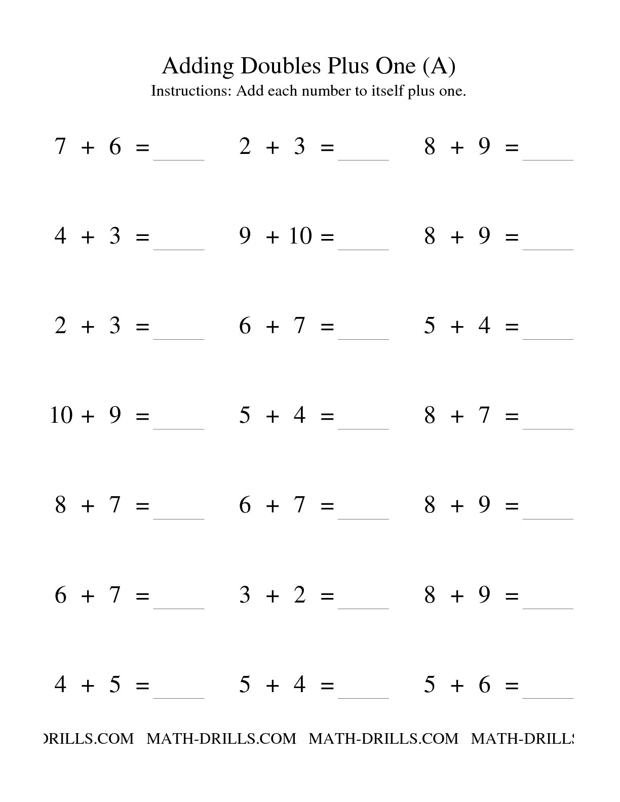 First Grade Math Worksheets Doubles Plus One 616638 | Free Worksheets