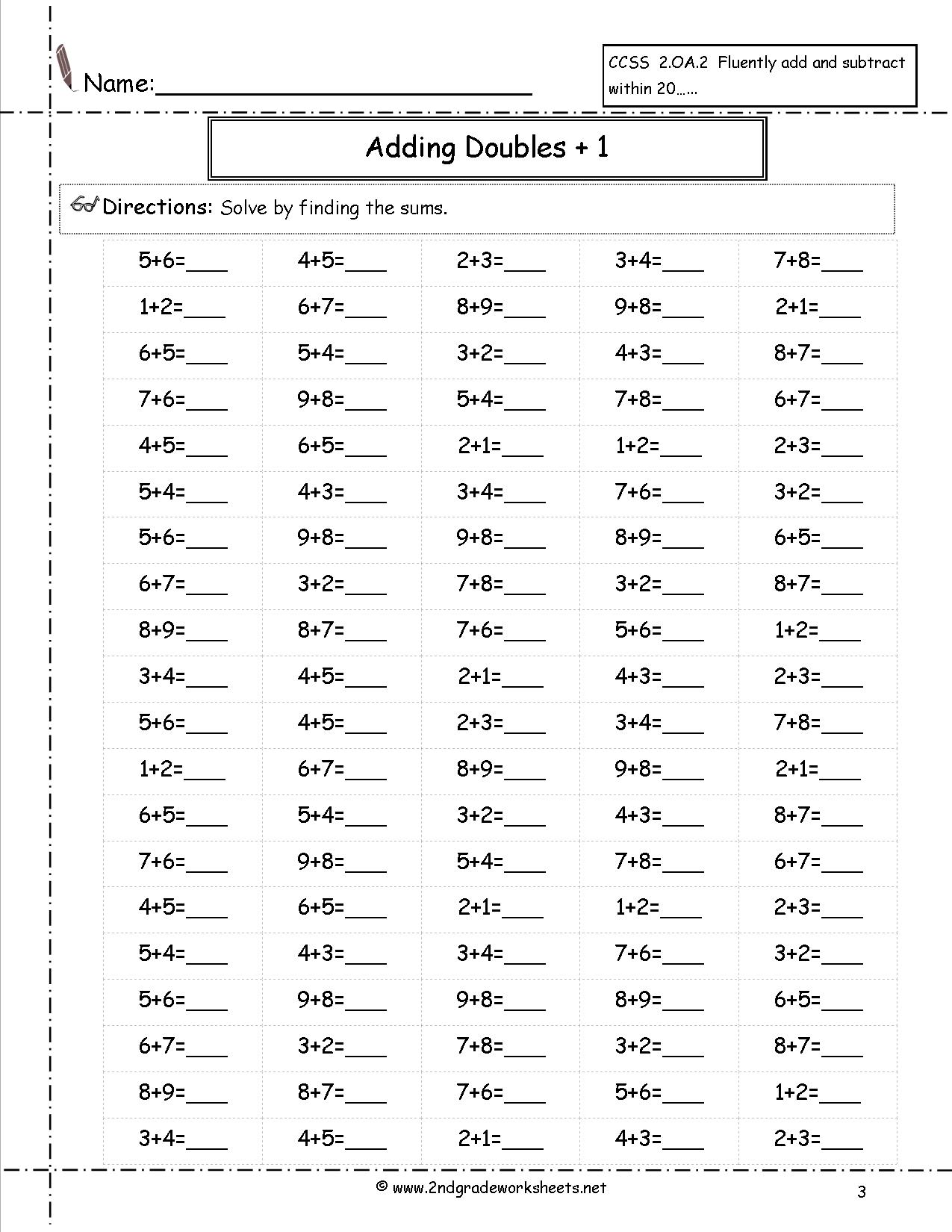 First Grade Math Worksheets Doubles Plus One 616638