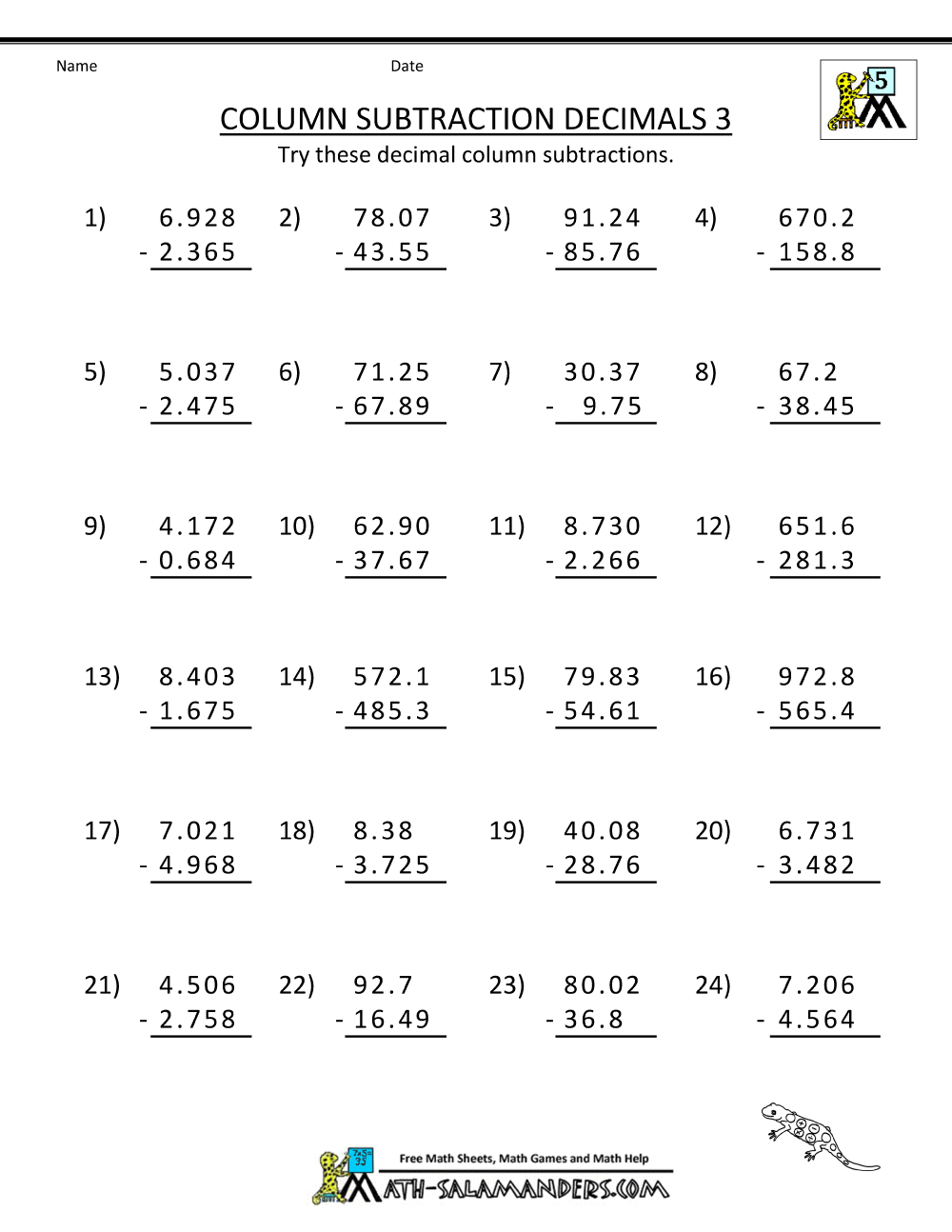 Free Math Worksheets Add Subtract Decimals 1398013