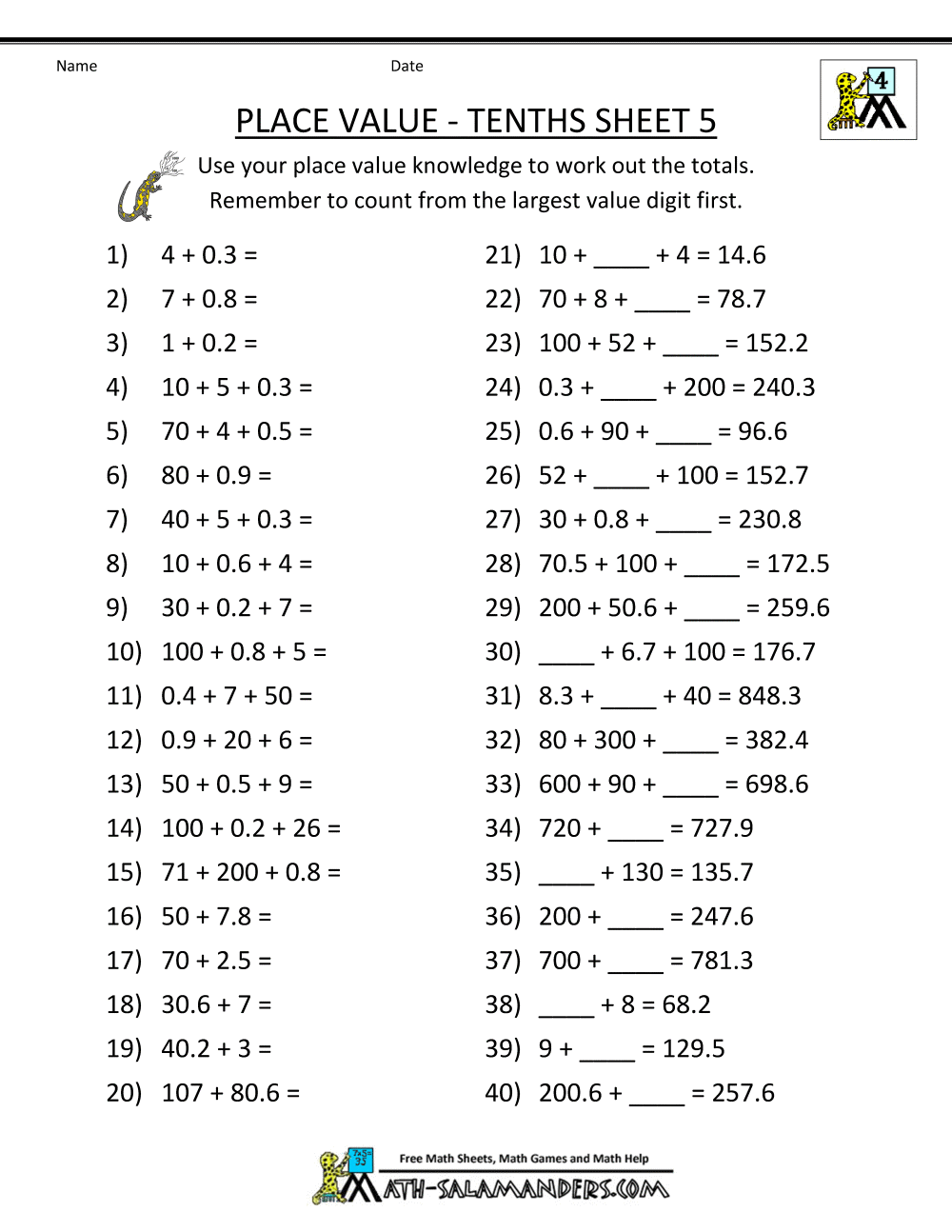 Free Math Worksheets Decimal Place Value 734999