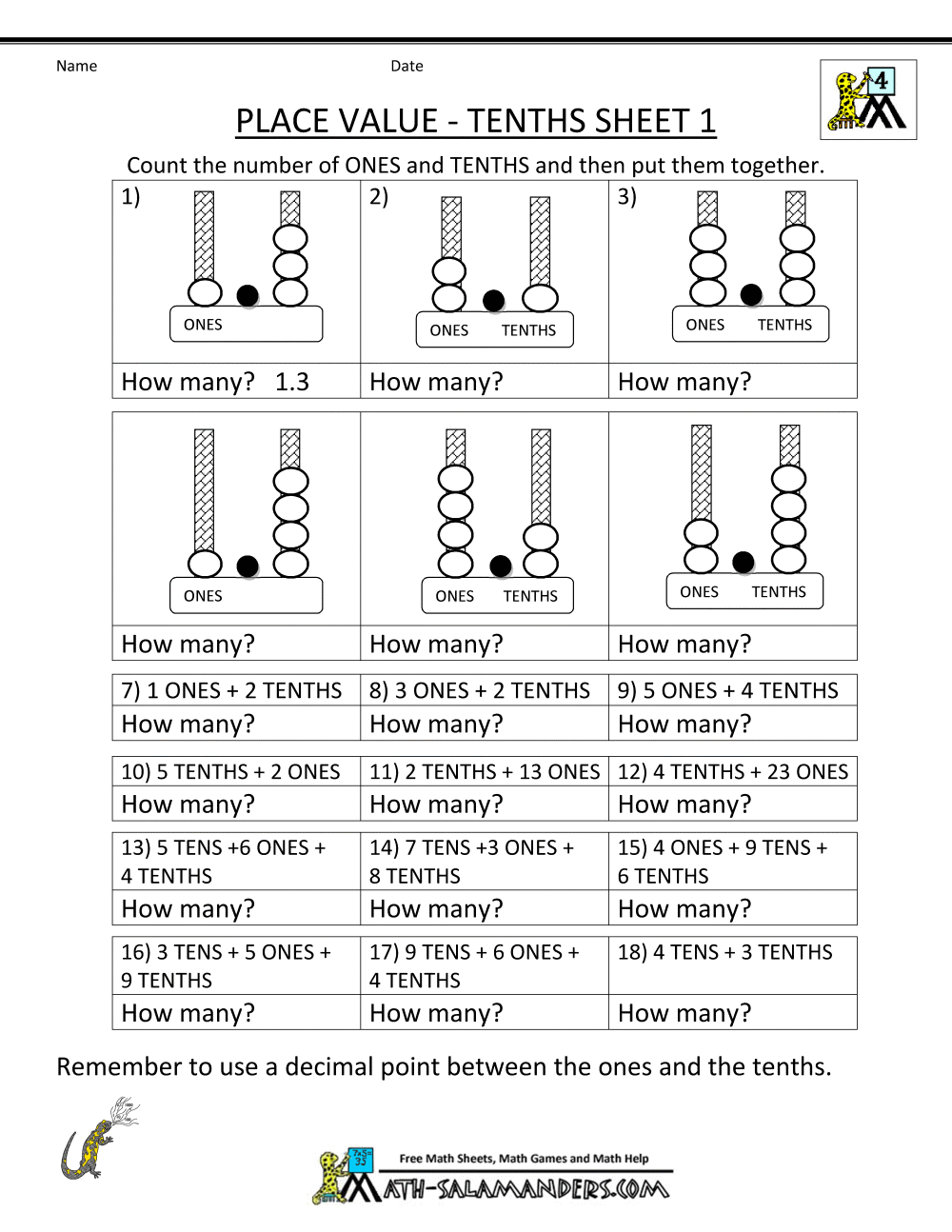 Free Math Worksheets Decimal Place Value 734999