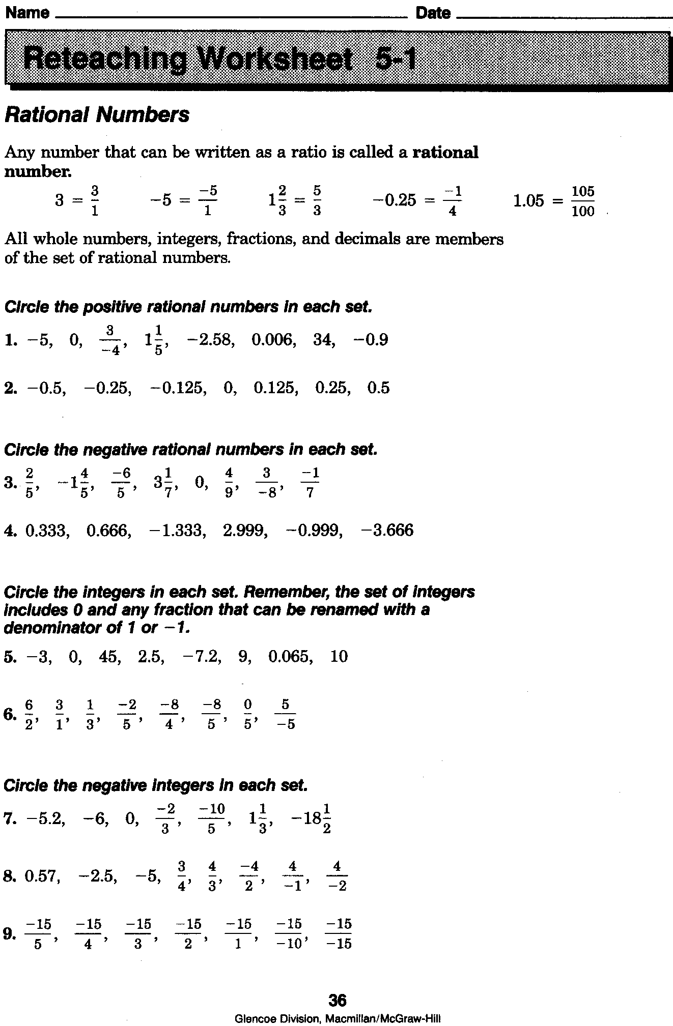Free Math Worksheets Rational Numbers 176551