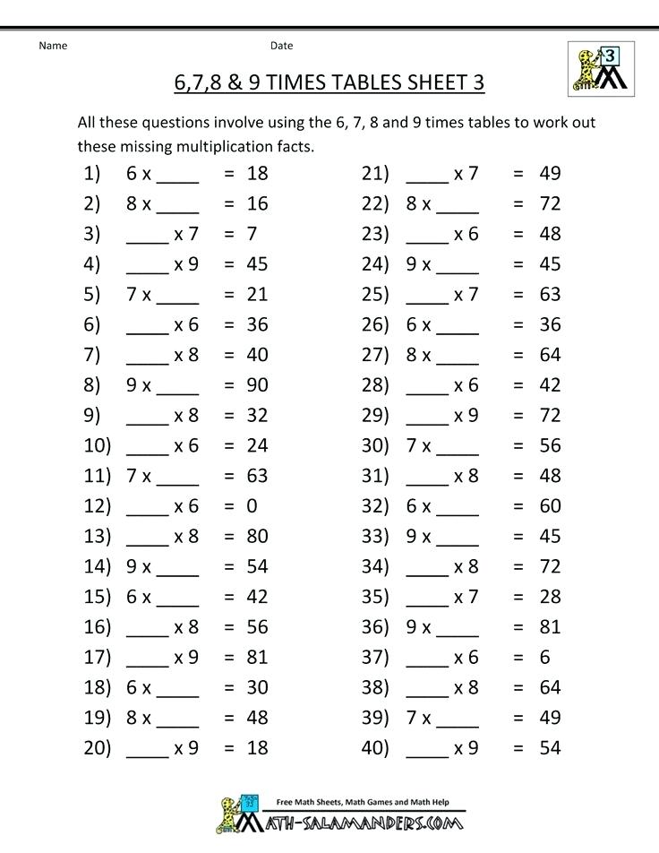 Free Multiplication Worksheets 6 7 8 9 Times Tables 3 Math Fun