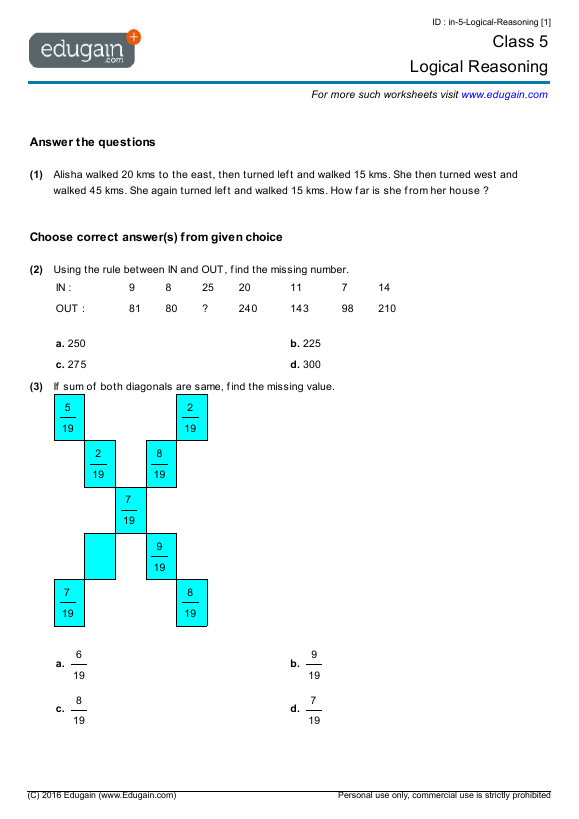 Grade 5 Math Worksheets And Problems  Logical Reasoning