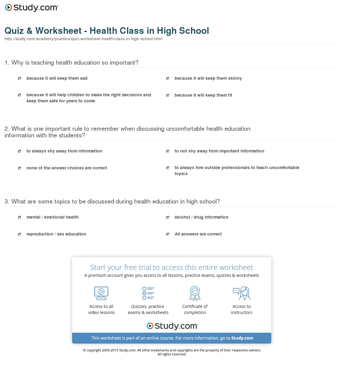 Health Worksheets For Middle School 319670