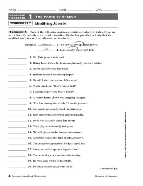 Identifying Adverbs Worksheet
