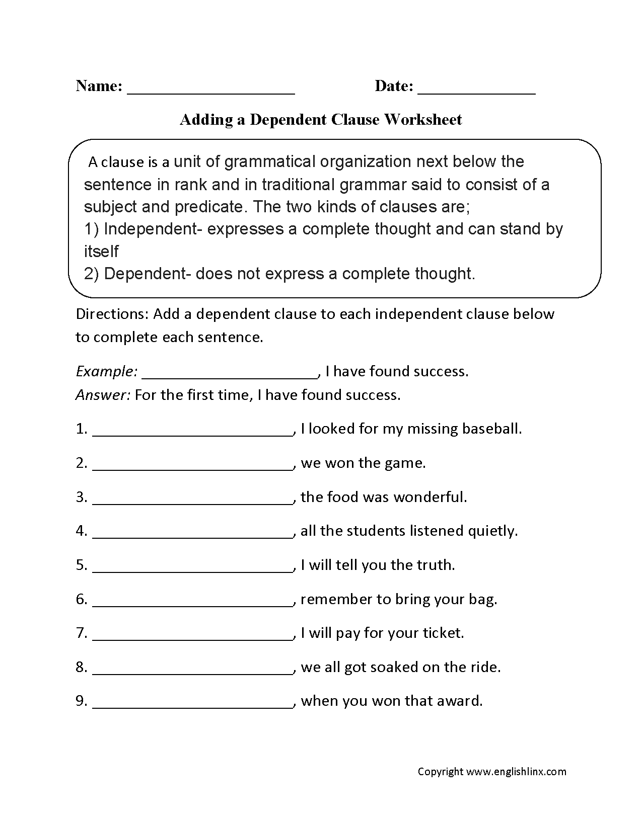 Independent And Dependent Clauses Worksheet 994720