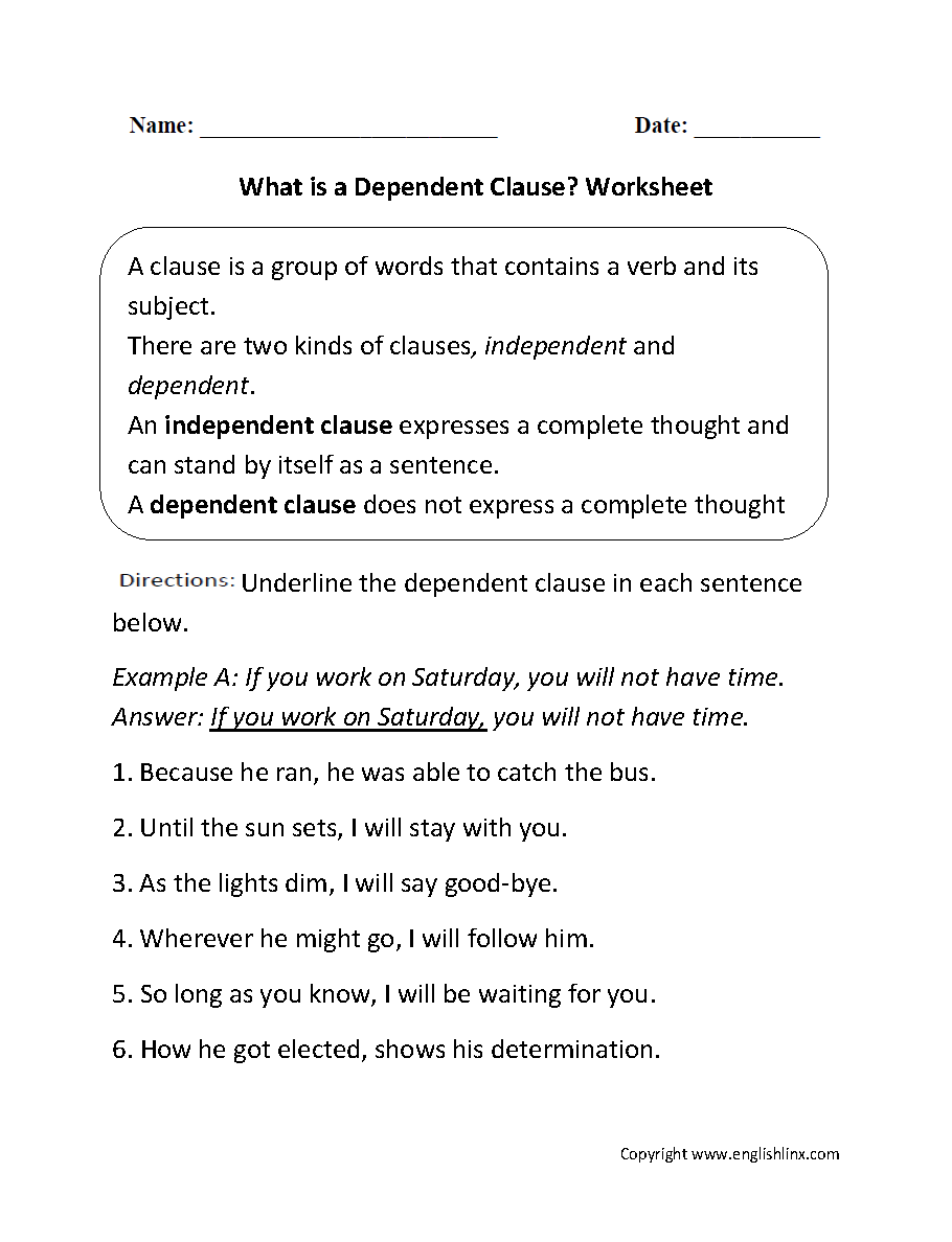 Independent And Dependent Clauses Worksheet  994708