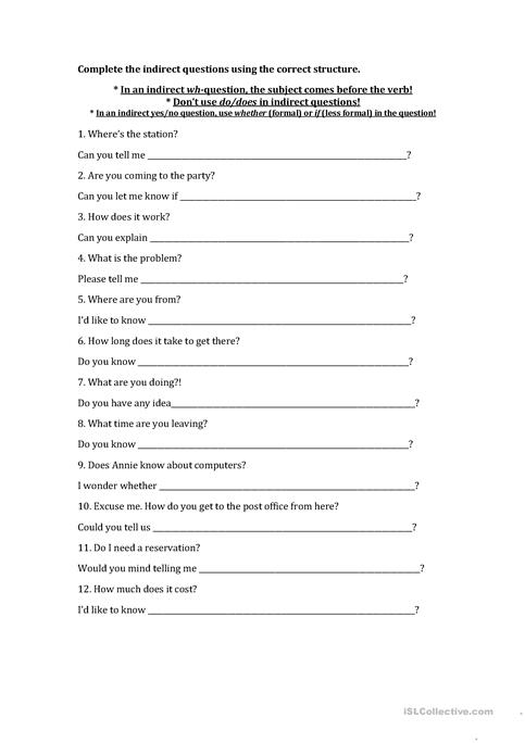 Indirect Questions Practice Worksheet