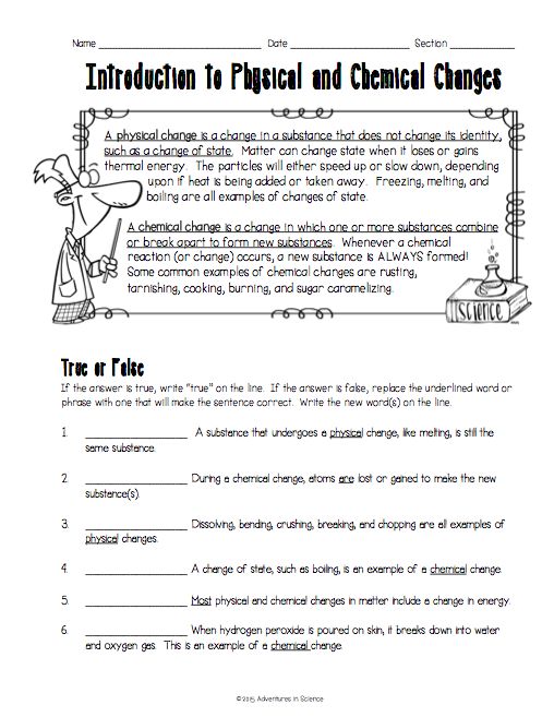 Introduction To Physical And Chemical Changes Worksheet At The Top