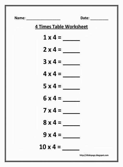 Kids Page 4 Times Multiplication Table Worksheet 4 Times