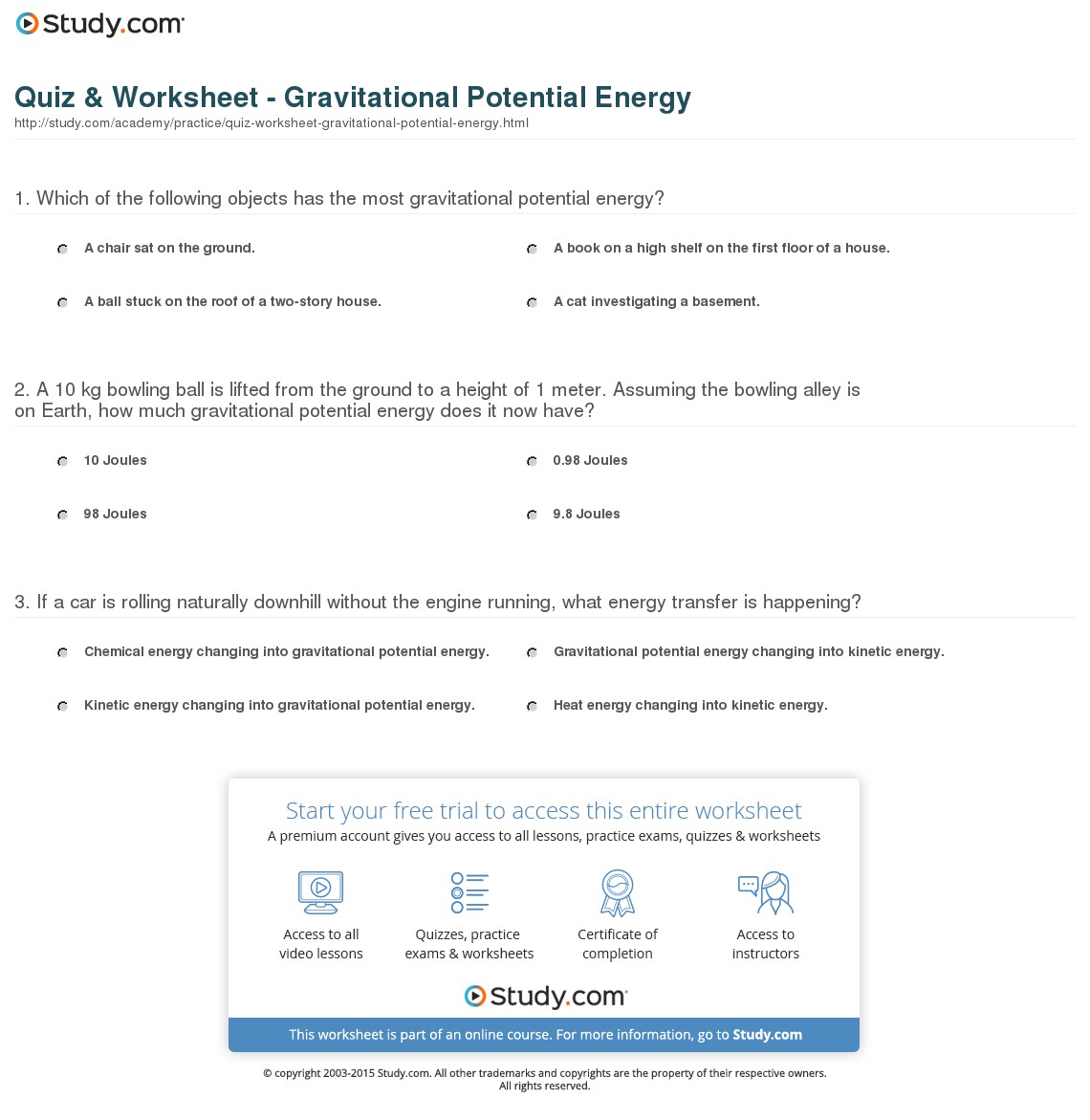 Kinetic And Potential Energy Calculations Worksheet 1397597