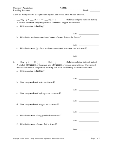 Limiting Reactant Problems Worksheet Davezan, Stoichiometry