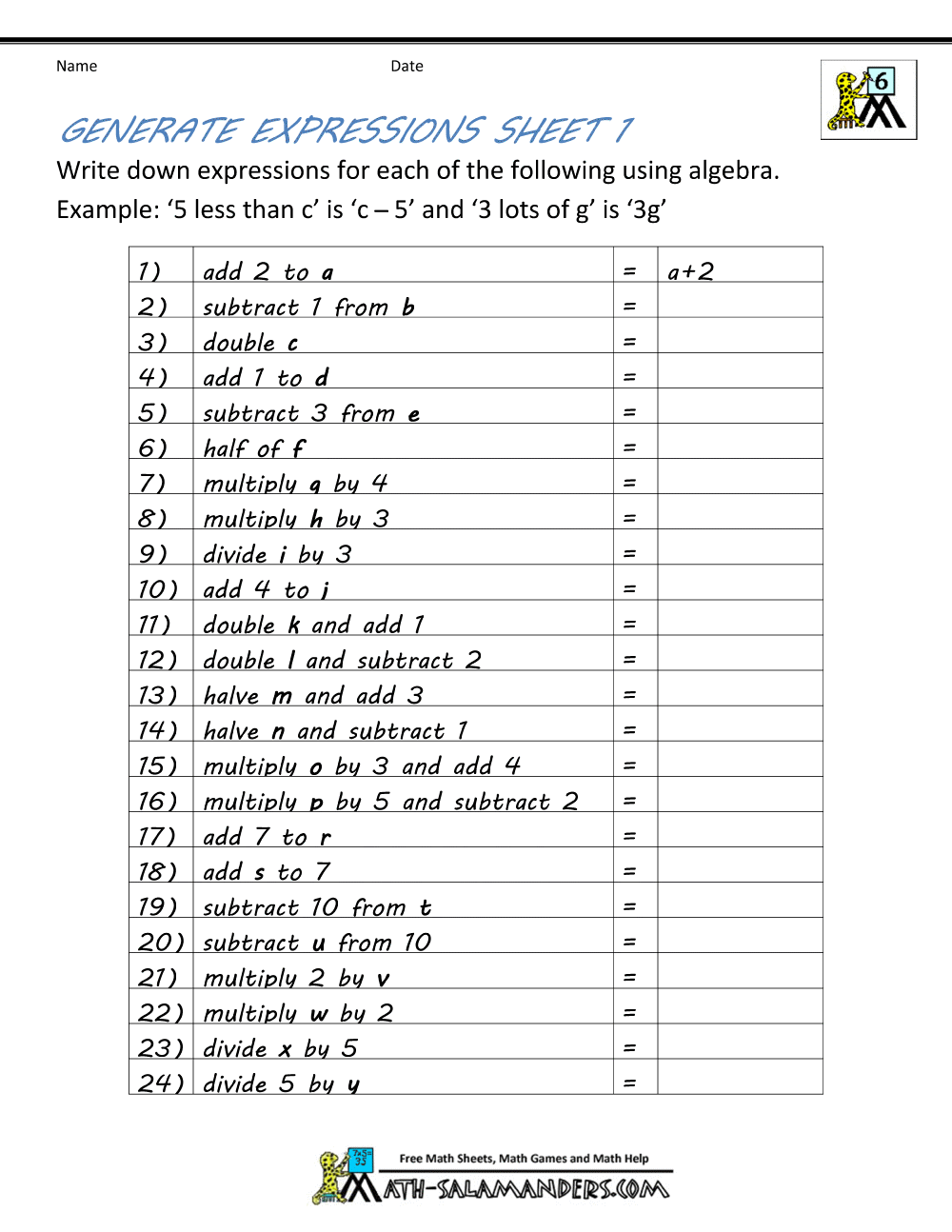 Math Worksheets For Beginning Algebra 1219583