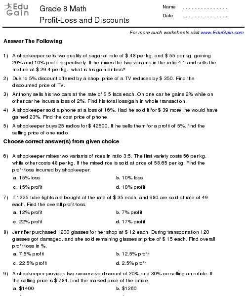 Math Worksheets Grade 5 Profit Loss