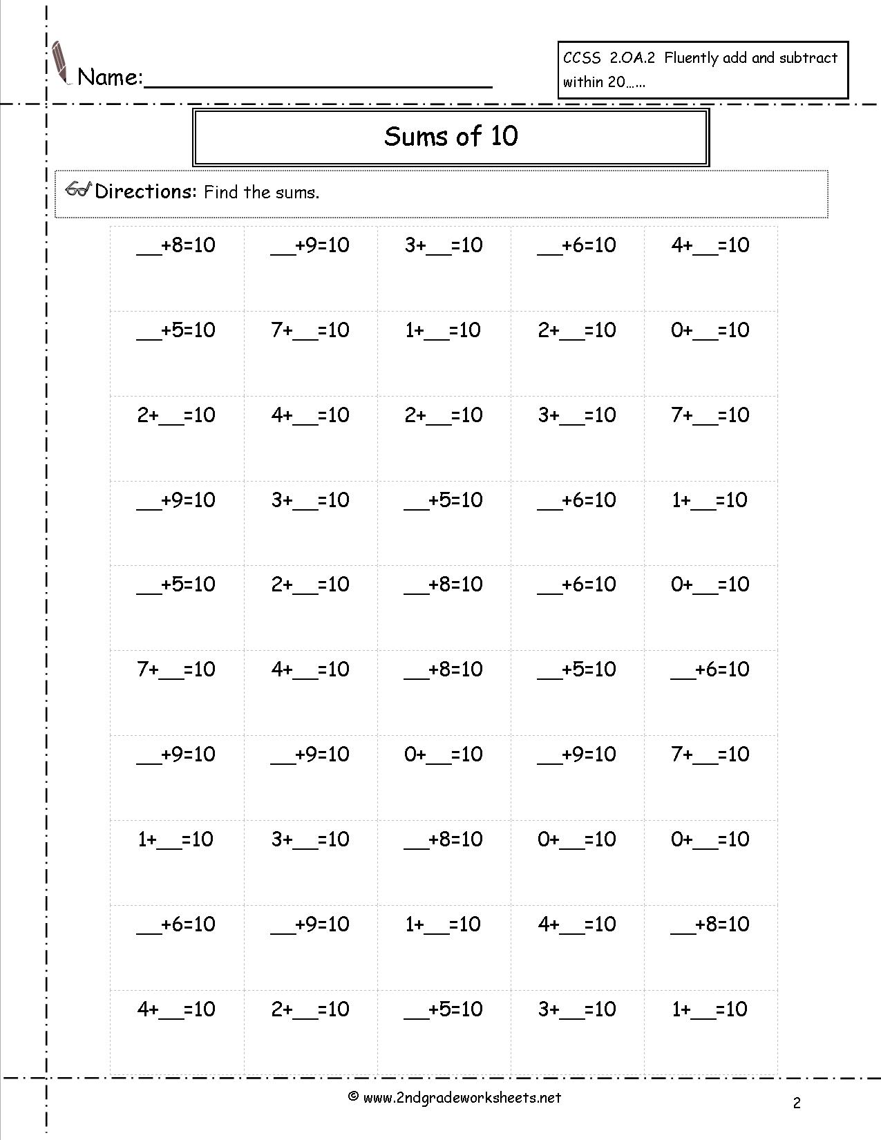 Math Worksheets Sums Up To 10 769849