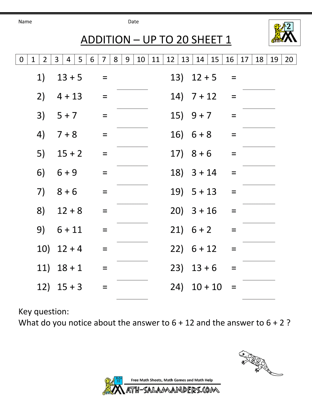 Math Worksheets Sums Up To 20 1036557