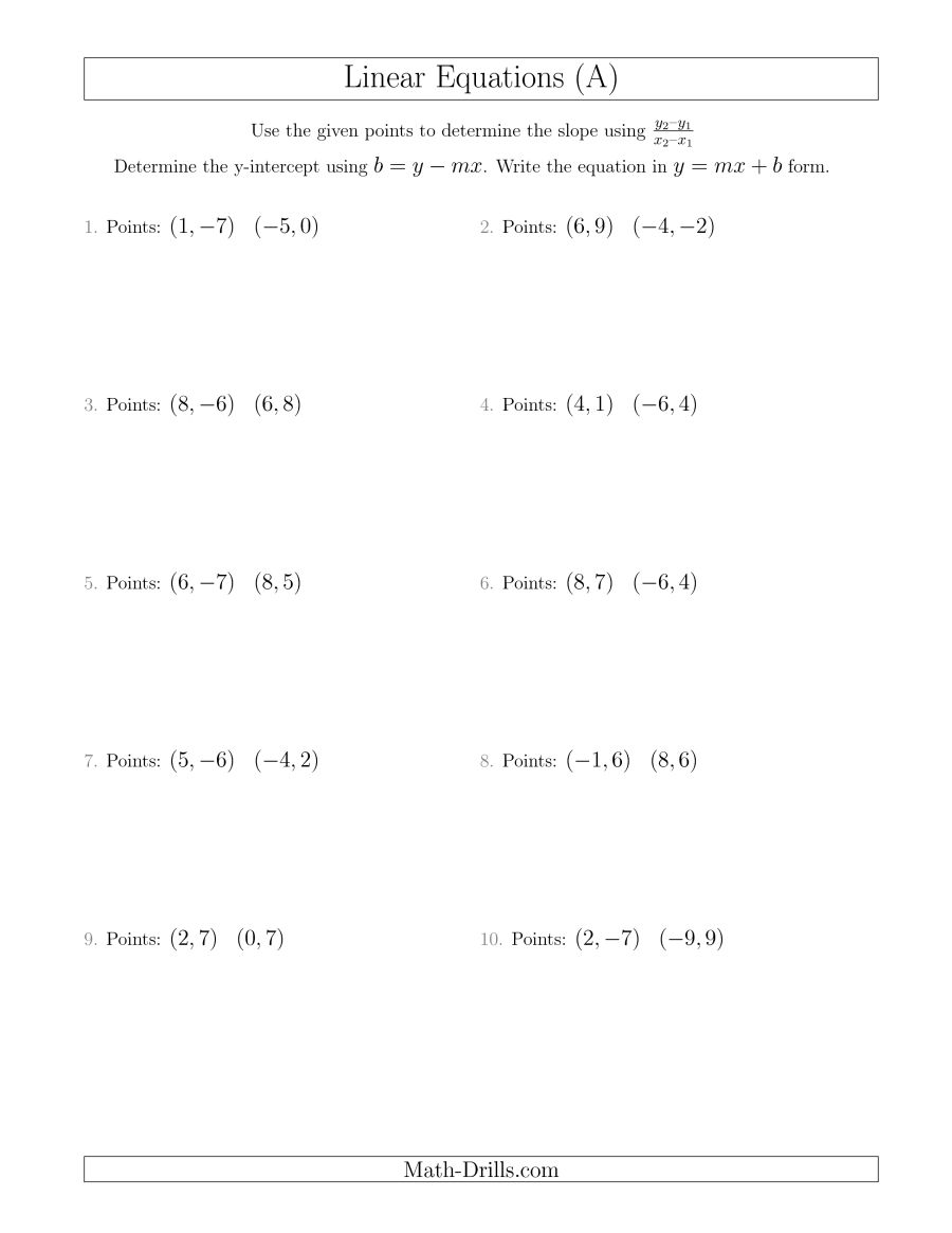 Math Worksheets Writing Linear Equations 220283