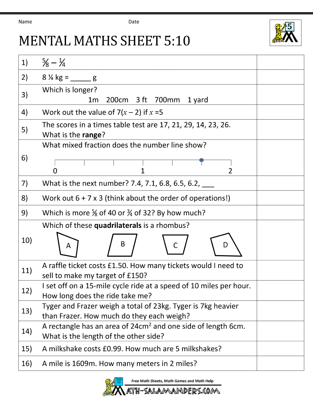Math Worksheets Year 5
