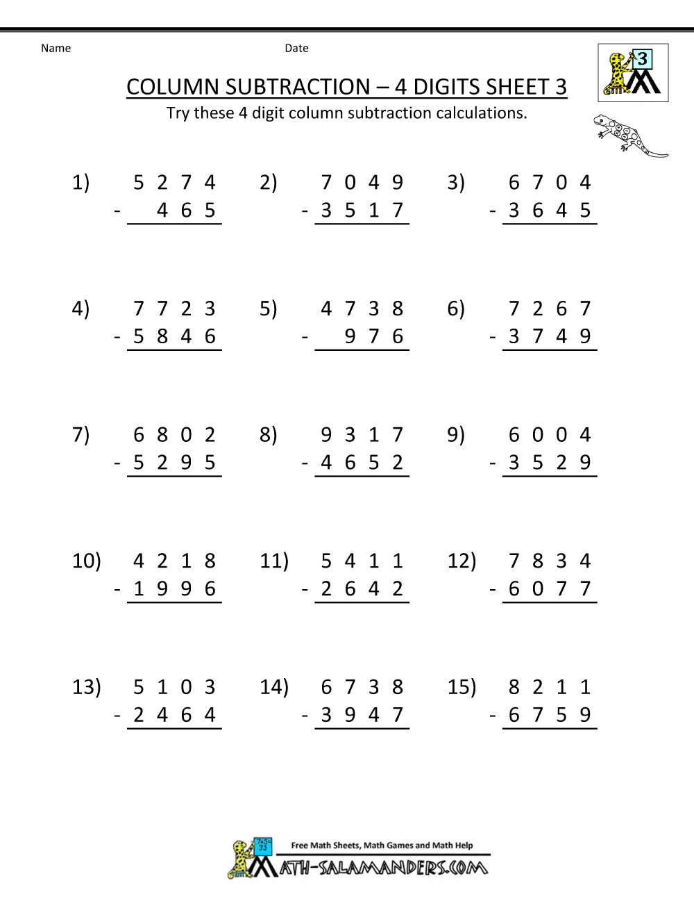Maths Subtraction Worksheets Year 4 165353