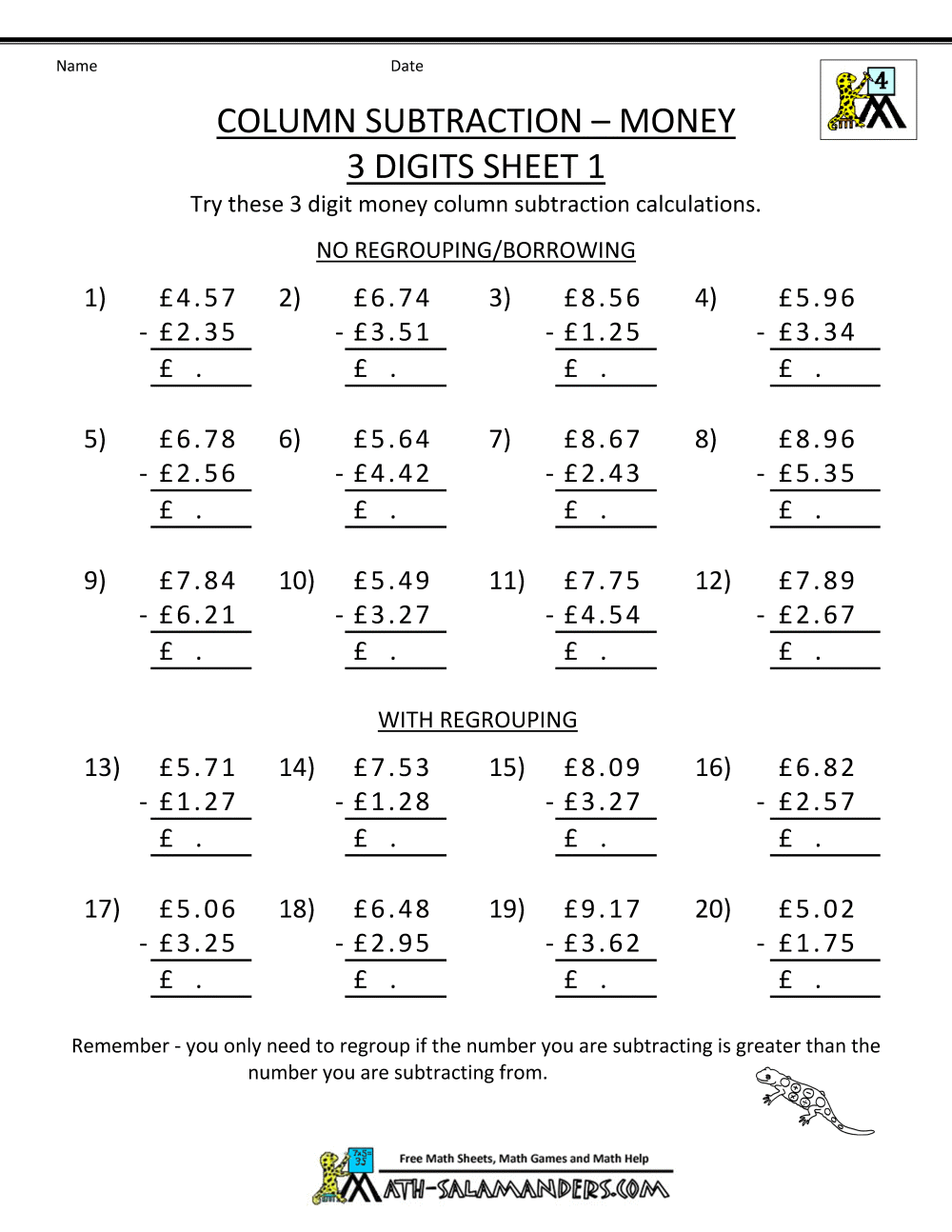 Maths Subtraction Worksheets Year 4 165363